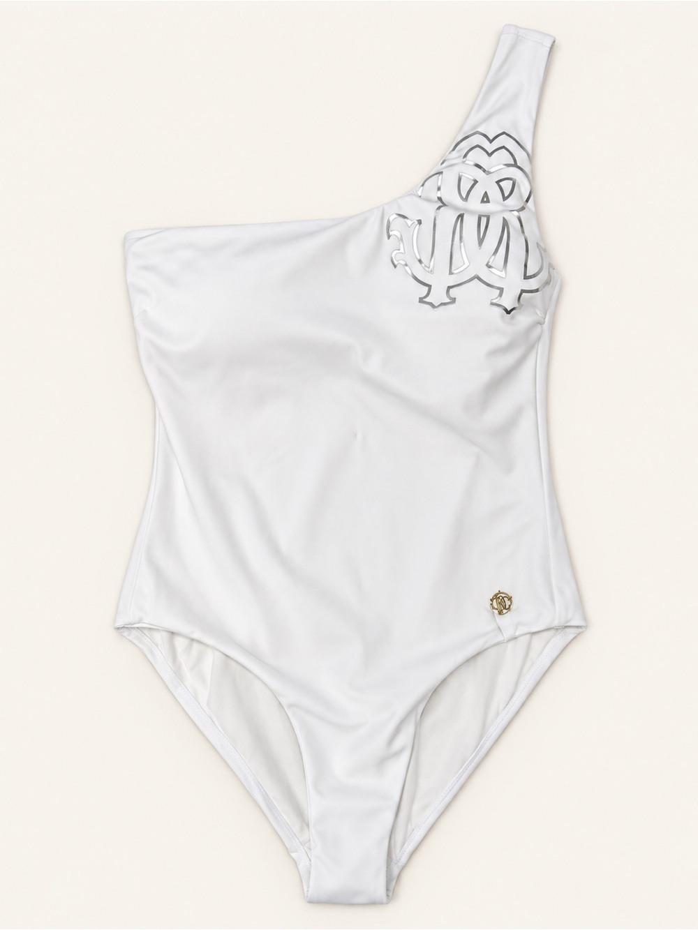 Roberto Cavalli White Silver Logo One Shoulder Swimsuit Size M